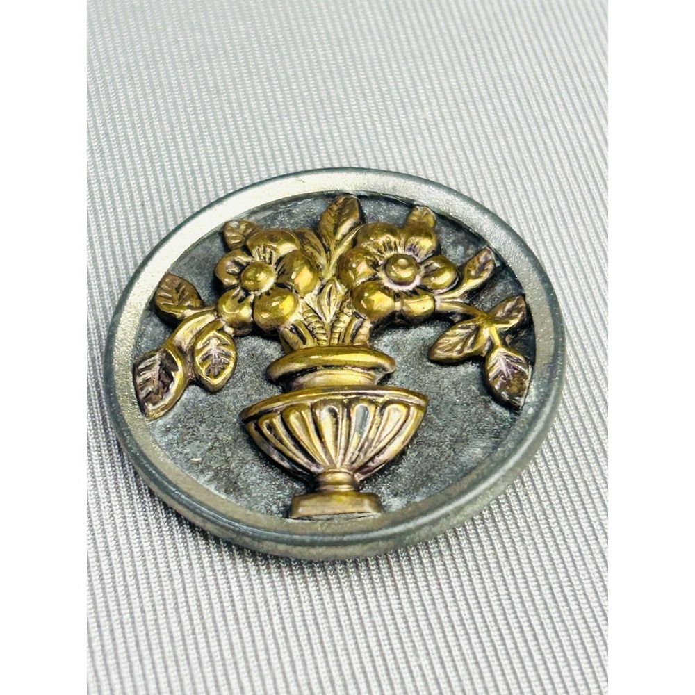 Antique Floral Metal Large Picture Button Flowers In Vase